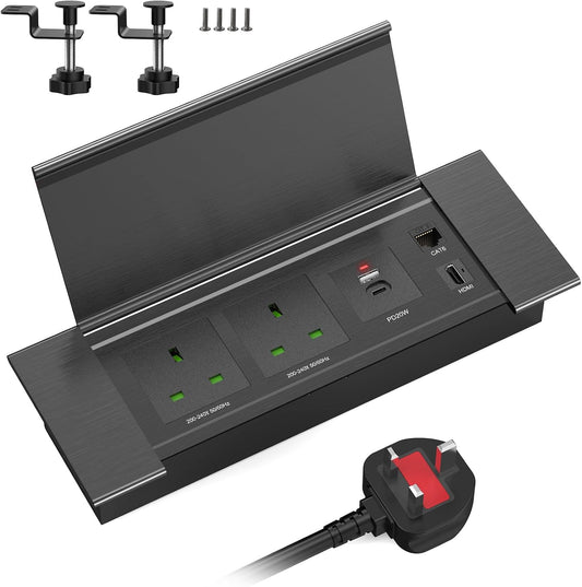 Desk Power Strip with USB C PD20W, Aluminum Recessed Power Socket with Cover, HDMI, RJ45 Port, Desk Extension Lead with USB, 2M Cable, Black