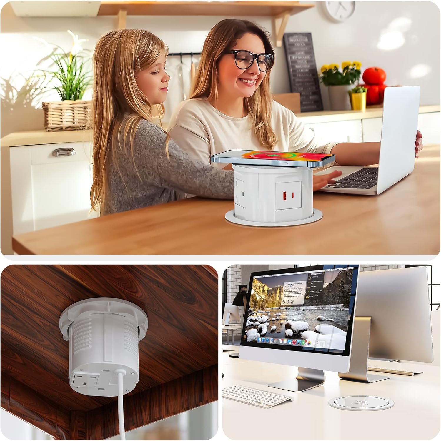 Pop Up Sockets for Kitchen Worktops with Wireless Charging, Pop Up Plug Socket with USB C, Recessed Desk Power Outlet 4 UK Plug, 2 USB, Worktops Socket for Office and Home, White