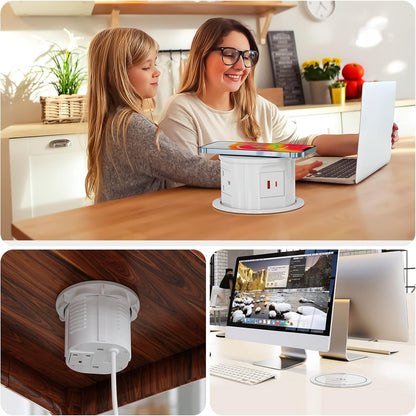 Pop Up Sockets for Kitchen Worktops with Wireless Charging, Pop Up Plug Socket with USB C, Recessed Desk Power Outlet 4 UK Plug, 2 USB, Worktops Socket for Office and Home, White