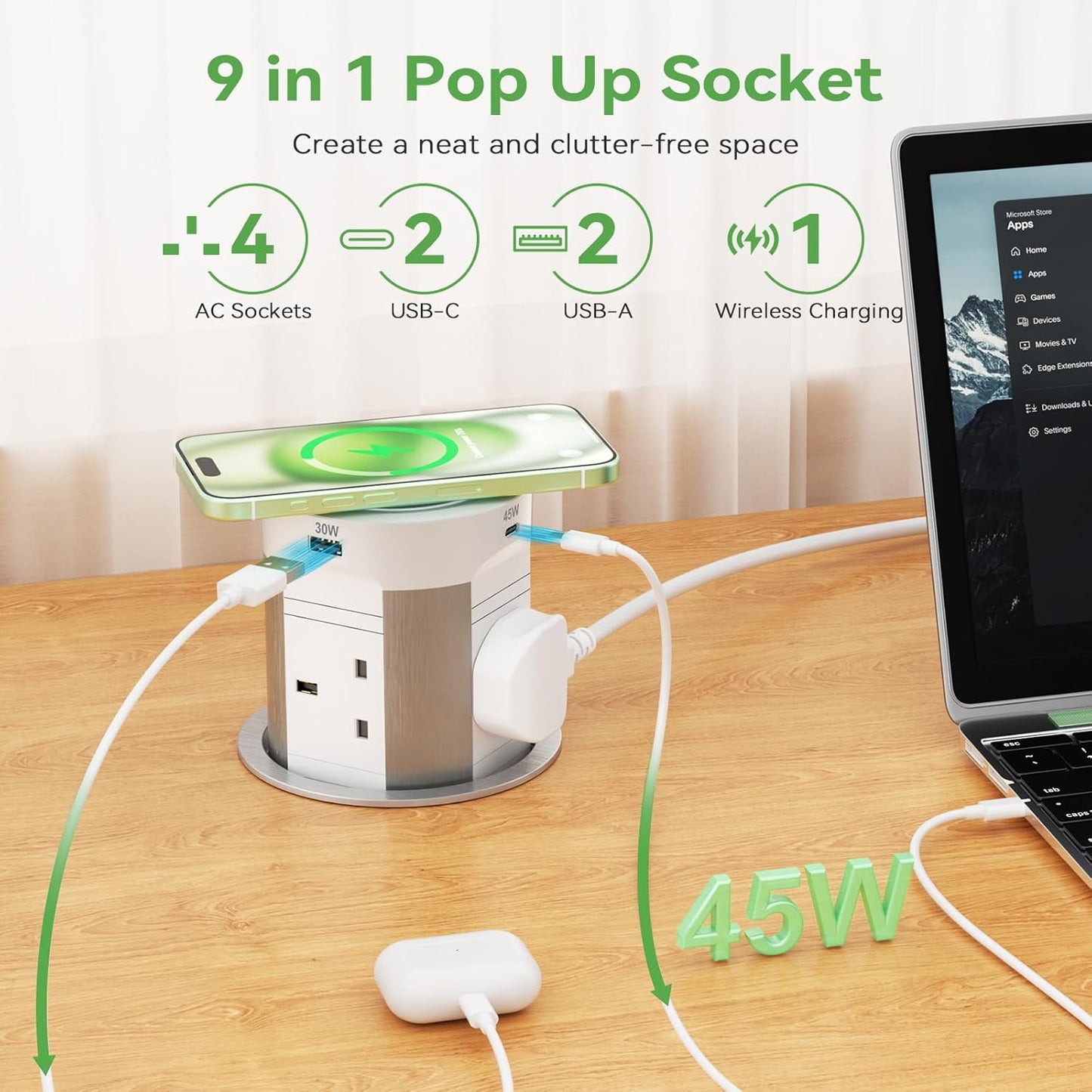 Pop Up Sockets 4 Outlets with PD 75W 2 USB-C and 15W Wireless Charging, Recessed Pop Up Power Socket for Kitchen Worktops, Pop Up Sockets with 4 USB for Conference Room, White