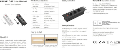 Built-in Socket with USB C PD20W, Table Socket, Multiple Socket, 3 Compartments with 3 USB, Built-in Power Strip with Switch, Recessed Socket for Worktop Furniture, 2 m Cable, White