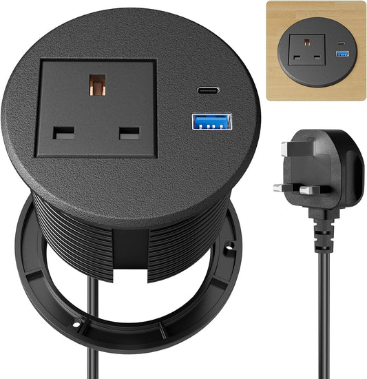 Desk Power Strip USB C PD20W, Desk Grommet Power Socket 80MM, Recessed Power Socket with USB, Desk Extension Lead 2M Extension Cord, Black