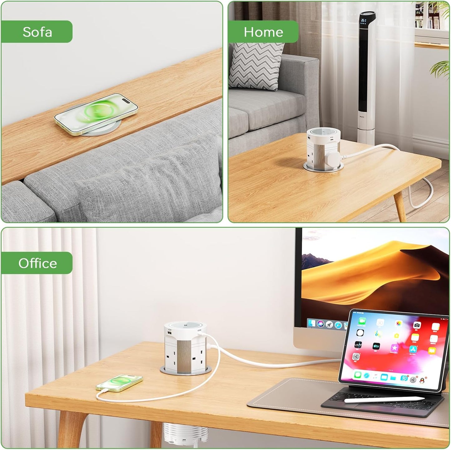 Pop Up Sockets 4 Outlets with PD 75W 2 USB-C and 15W Wireless Charging, Recessed Pop Up Power Socket for Kitchen Worktops, Pop Up Sockets with 4 USB for Conference Room, White