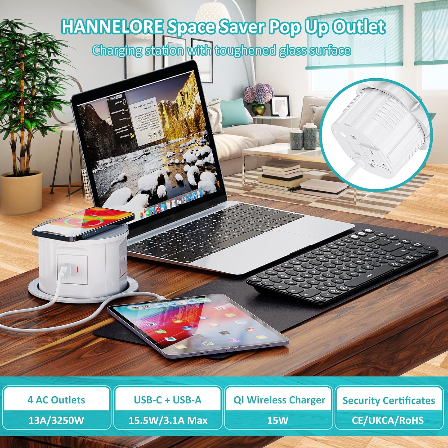 Pop Up Sockets for Kitchen Worktops with Wireless Charging, Pop Up Plug Socket with USB C, Recessed Desk Power Outlet 4 UK Plug, 2 USB, Worktops Socket for Office and Home, White