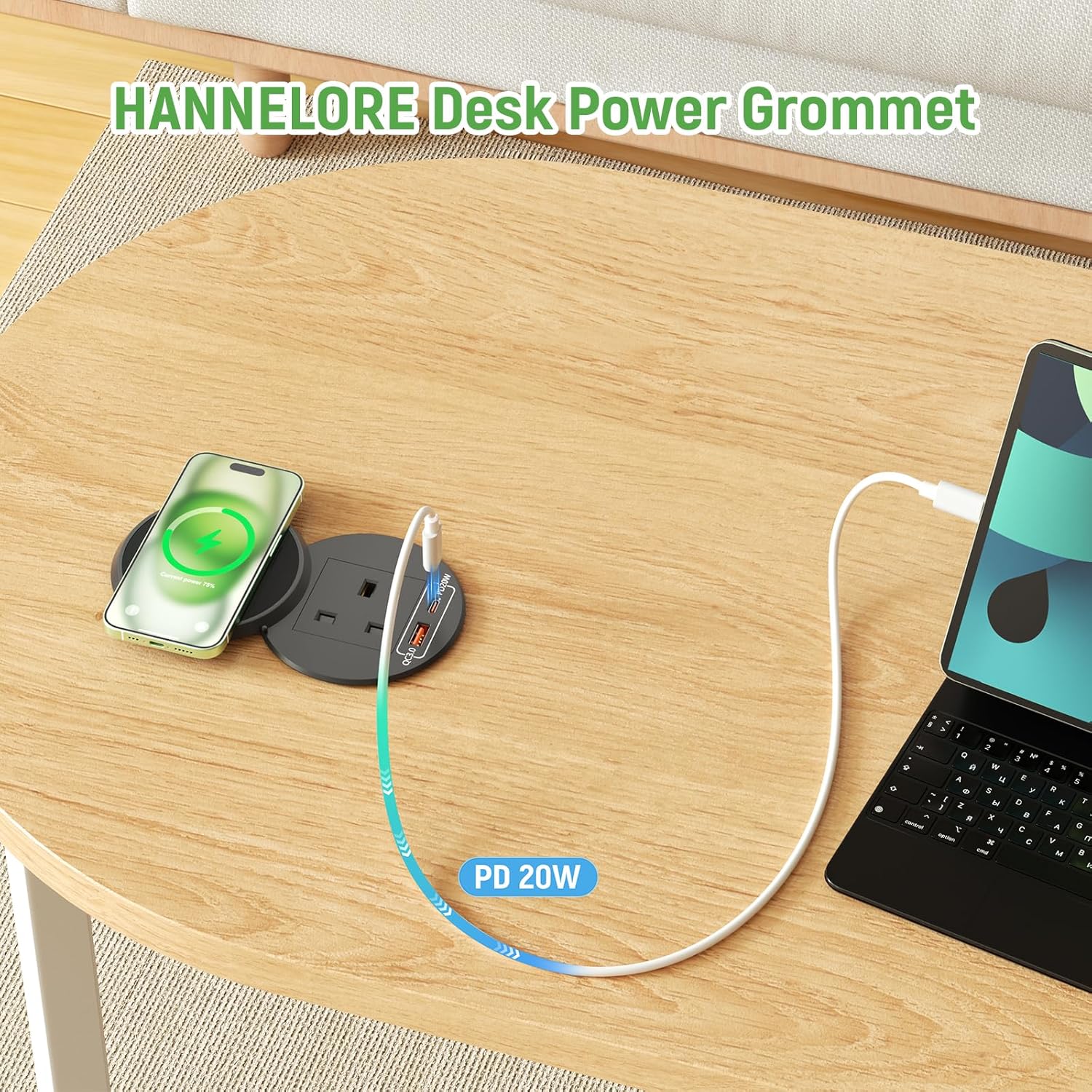 Desk Power Grommet Socket with Wireless Charging, Recessed Power Strip with USB C PD 20W, Desk Power Socket with USB for Office Home Furniture, 1.8M Cable, Black