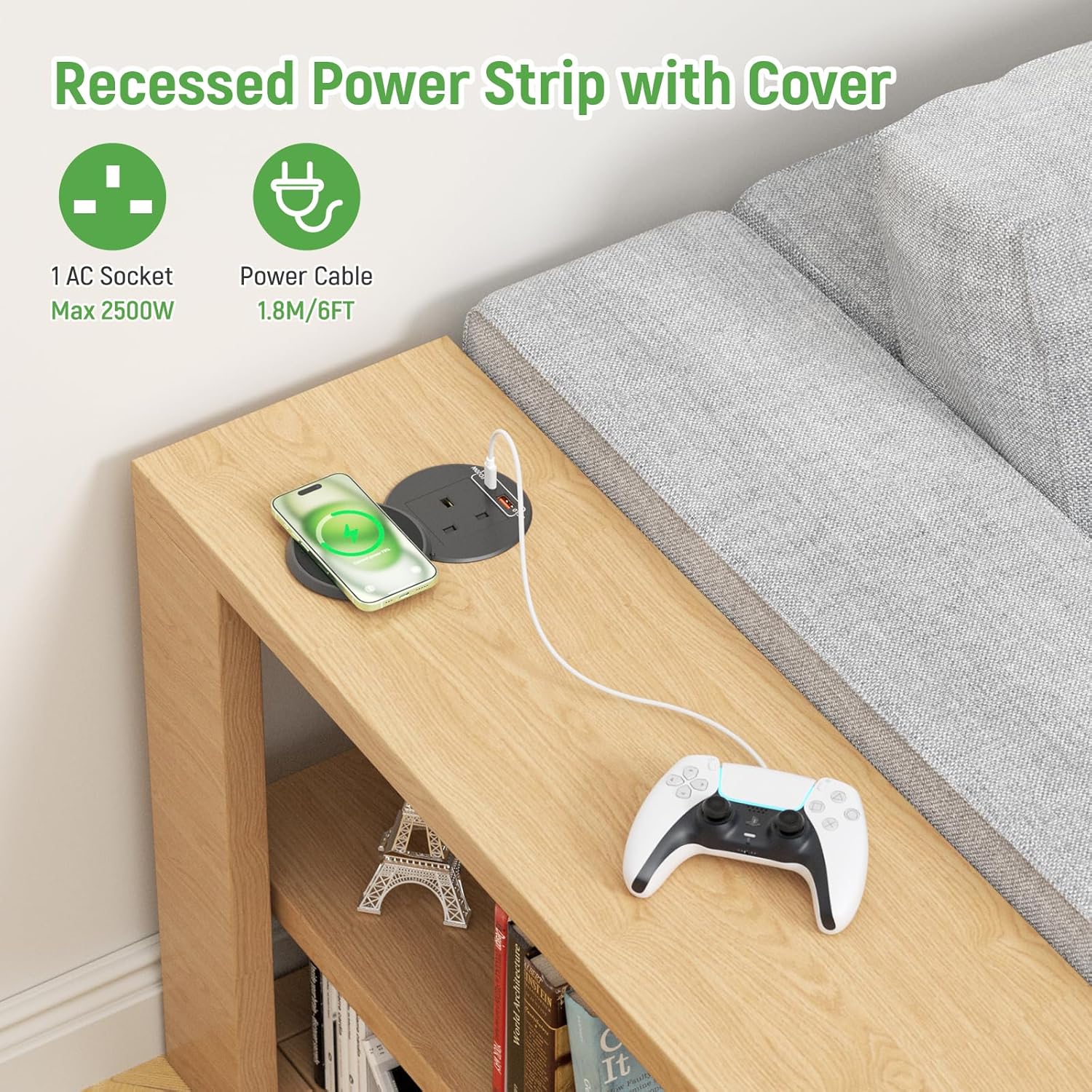 Desk Power Grommet Socket with Wireless Charging, Recessed Power Strip with USB C PD 20W, Desk Power Socket with USB for Office Home Furniture, 1.8M Cable, Black