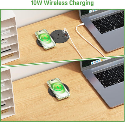 Desk Power Grommet Socket with Wireless Charging, Recessed Power Strip with USB C PD 20W, Desk Power Socket with USB for Office Home Furniture, 1.8M Cable, Black