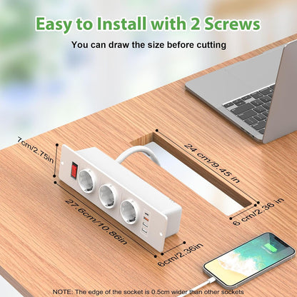 Built-in Socket with USB C PD20W, Table Socket, Multiple Socket, 3 Compartments with 3 USB, Built-in Power Strip with Switch, Recessed Socket for Worktop Furniture, 2 m Cable, White